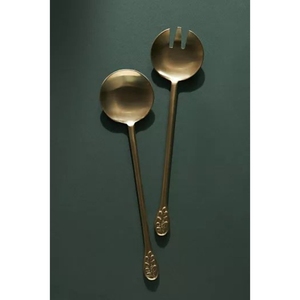 Ensemble de 2 cuillères à salade en acier inoxydable doré mat au design unique, avec poignée en forme de feuille, ustensiles de service pour la cuisine, pour la maison et la restauration - Product Image 1