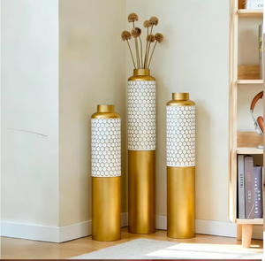 Stunning trio of tall gold-collared floor vases showcasing an exquisite textured <b>mosaic</b> pattern style, at wholesale price. - Product Image 5