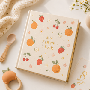 LABON Libro de Recuerdos Personalizado para Bebés, Diario de Hitos del Primer Año, con Diseño de Frutas (Fresa, Cereza, Naranja), Tapa Dura y Detalles en Dorado - Product Image 3