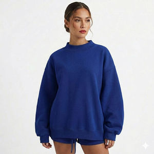 Sudadera Oversize de Cuello Redondo para Mujer, Bloques de Color Azul, Hombros Caídos, Tejido de Algodón, Secado Rápido, Forrada, Casual, Corte Regular, Invierno - Product Image 1