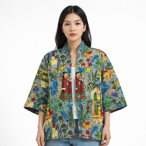 Chaqueta Kimono Reversible Farihda Khalo Kanta para Mujer, Decoración con Parches, Tejido de Tela, Relleno 100% Algodón Orgánico, Manga Larga - Product Image 5