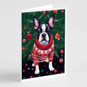 Whimsical Boston Terrier Tarjetas de felicitación de Navidad Paquete de 8 A7 Tamaño 5x7 Tarjetas de notas en blanco con sobres - Product Image 1