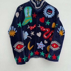 Veste en velours de coton respirant brodée à la main, col montant, manches longues, motif floral, pour l'hiver et l'automne, réversible, pour femme - Product Image 1