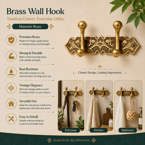 Porte-manteau mural double en laiton antique, support décoratif vintage en métal pour manteaux, clés, serviettes, peignoirs et chapeaux, idéal pour entrée et salle de bain - Product Image 5