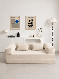 Modern Minimalist Ivory Sofa <b>Bed</b> Smart Three Seat Upholstered Padded Arms Soft Loose Back Living Room Bedroom Hotel Villa - Product Image 1