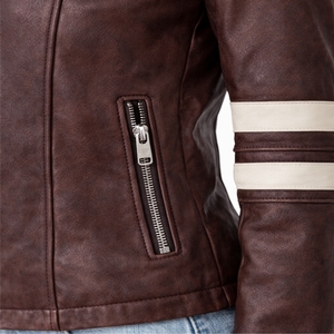 Cropped <b>Brown</b> Faux <b>Leather</b> Women <b>Jacket</b> With White Stripe Detail With Custom Logo <b>Leather</b> <b>Jacket</b> For Women - Product Image 5