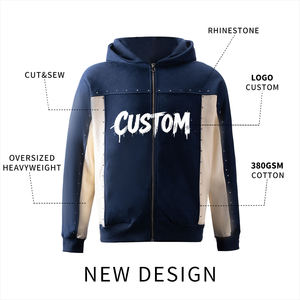Sudaderas con capucha de algodón de 380 g/m², extragrandes, con cremallera, de alta calidad, con parches de diamantes de imitación personalizados, fabricante de sudaderas con capucha. - Product Image 2