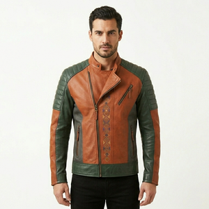 Blouson moto homme en cuir véritable color block, col montant, fermeture éclair, coupe ajustée, style automne - Product Image 4