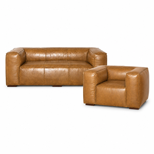 Ensemble de canapés modernes en cuir véritable avec accoudoirs carrés et dossier rigide, canapé et fauteuil rembourrés pour salon, canapé en cuir - Product Image 1