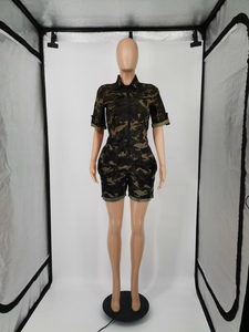 Mono de camuflaje personalizado para mujer, manga corta, cremallera frontal, estilo cargo, cintura con cordón, ajuste ceñido, body de camuflaje - Product Image 2