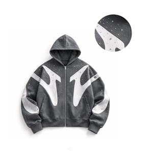 Men Zip Up Hoodie Cotton Fleece Oversized Rhinestone Embellished Zip Hoodie Streetwear Hoodies for Men Custom Branding Service - Product Image 2