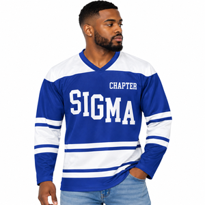 Sigma Chapter Men's <b>Black</b> Royal Blue <b>White</b> Hockey Jersey Long Sleeve V Neck <b>Striped</b> Athletic Shirt Custom Fraternity Sports Team - Product Image 1