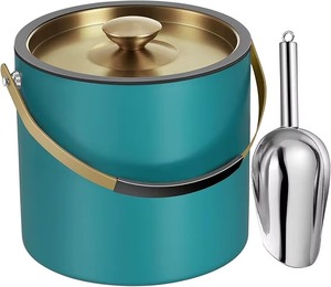 Cubo de hielo redondo de acero inoxidable color verde azulado con tapa y cuchara, resistente al óxido, enfriador de bebidas moderno para fiestas - Product Image 3