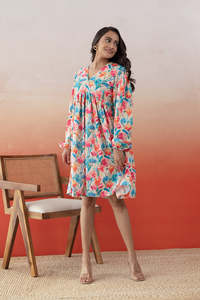 Robe midi en mousseline à imprimé floral, col en V, manches bouffantes, coupe trapèze ample, décontractée, pour femme, multicolore, magnifique - Product Image 2
