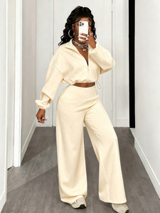 Trendy Drawcord Cropped Zip-Up <b>Jacket</b> Set Oversized Hoodies Stand Collar Adjustable Joggers Set Custom Casual Autumn Winter Wear - Product Image 3