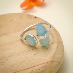 Natural Aqua Chalcedony 925 Sterling Silver Open Cuff <b>Ring</b> Double Stone Geometric <b>Crystal</b> Statement Jewelry Wholesale - Product Image 6