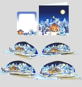 Tarjeta de felicitación navideña 3D con diseño de escena de la Natividad, paisaje nevado y noche iluminada por la luna, en papel con acabado mate. - Product Image 4