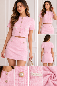 Women’s <b>2</b>-<b>Piece</b> Tweed-Style Button Front <b>Top</b> & Mini <b>Skirt</b> <b>Set</b> Pink Tweed <b>2</b> <b>Piece</b> <b>Set</b> Short Sleeve Crop <b>Top</b> Women's <b>Skirts</b> - Product Image 5