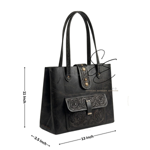 SEHRAINN Genuine Leather Vintage Tote Bag With Tooled Hasp Closure Daily Use Women's Handbag Black Office Shoulder Purse - Product Image 3