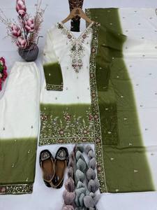 White & Teal Ombre Embroidered <b>Kurti</b> Palazzo Set with Dupatta – Designer Ethnic Party Wear Salwar Suit for Women - Product Image 5