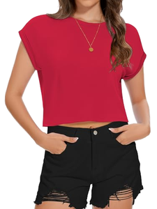 Eco-friendly canvas tee Loose fit round neck Breathable summer crop <b>top</b> Urban streetwear women - Product Image 3