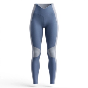 Leggings de sport pour femme, taille haute, longueur intégrale, sans couture, en polyamide tricoté fin, bleu-gris, extensible, respirant, compressif - Product Image 1