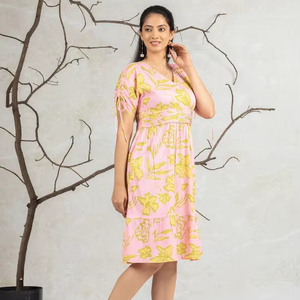 Vestido de Mujer con Estampado Floral, Cuello en V, Corte Crepé, Ajustado y Evase, Cintura Alta, Mangas Cortas, Vestido Largo de Algodón Estampado para Verano - Product Image 1