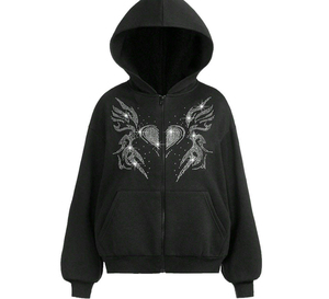 <b>Black</b> Hooded Zip-Up Sweatshirt With Rhinestone <b>Heart</b> Wings Design Oversized Casual Unisex Autumn Wear - Product Image 1