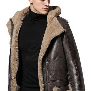 <b>Men's</b> <b>Long</b> Genuine Leather Motorcycle <b>Jacket</b> Sherpa Lining Windproof Casual Autumn Coat Dark Brown Turn-down Collar Single - Product Image 3