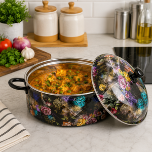 <b>Marvel</b> Handicrafts Premium Black Floral <b>Printed</b> Stainless Steel Insulated Casserole Hot Pot Food Warmer Serving Bowl Kitchen - Product Image 3