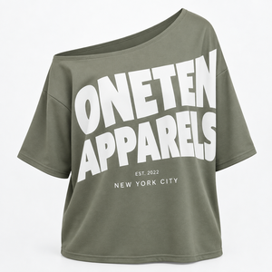 ONETEN APPARELS Women's Off Shoulder Crop <b>T</b>-<b>Shirt</b> <b>Olive</b> <b>Green</b> Letter Print Streetwear Loose Fit Three Quarter Sleeve - Product Image 4