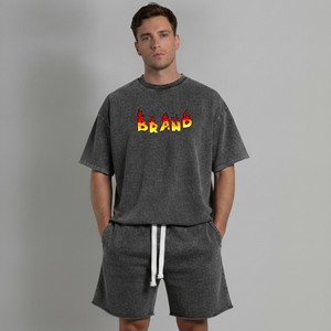 Conjunto de camiseta y pantalones cortos de algodón de alta calidad, cuello redondo, lavado ácido, ropa casual de verano, transpirable, conjunto de 2 piezas para hombre. - Product Image 4