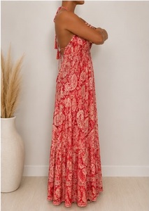 Women's Red Paisley Print Boho V-neck Fit Flare Maxi <b>Dress</b> Woven 100% <b>Silk</b> Regular Fit <b>Summer</b> Casual Wear Floor-Length Ruffles - Product Image 3