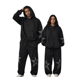 Ensemble de survêtement à capuche noir à imprimé étoiles pour femme, coupe ample, manches longues, décontracté, 100 % coton, pour l'automne, avec poches latérales - Product Image 4