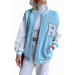 Customized Chenille Embroidery Women's Baseball <b>Jackets</b> Solid Color Breathable Cotton Fleece Wool <b>Varsity</b> Letterman Style - Product Image 6
