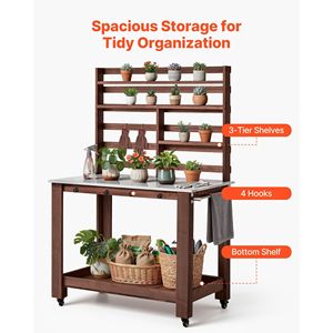 Outdoor <b>Gardening</b> Workstation 45 X 26 Stainless Steel Tabletop Potting Bench 4 Casters <b>Hooks</b> & Storage Shelves - Product Image 5