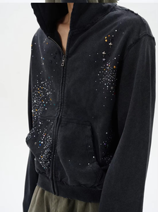 Sweat-shirt à capuche noir pour homme, imprimé à pois en strass, coupe classique, style décontracté, vêtement d'hiver, manches classiques, tissu polaire, 100% coton - Product Image 2