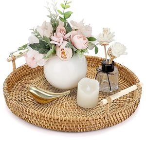 Handwoven Rattan Serving Tray with Handles Rustic Woven Decorative <b>Basket</b> Tray for Coffee <b>Table</b> Kitchen Dining Ottoman & Home - Product Image 1