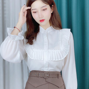 Chemisier plissé à manches longues pour femme avec volants, col montant et bordure en dentelle, boutonnage frontal, élégant, pour le bureau, vente en gros - Product Image 3