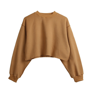 Sudadera de Mujer, Cuello Redondo, Color Crema, Manga Larga, Tejido Holgado, Color Sólido, Corte Corto, 100% Algodón, Ropa de Otoño - Product Image 6