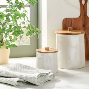 Refined Ceramic Storage Canister Wooden Lid Faceted Design Airtight Kitchen Jar Modern Counter Organizer Premium <b>Home</b> <b>Essential</b> - Product Image 4