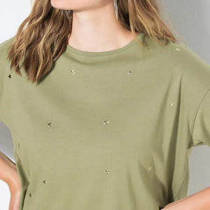 เสื้อยืดโอเวอร์ไซส์สีดำล้วนประดับคริสตัลสำหรับผู้หญิง ทรงหลวม ผ้าฝ้าย 100% แฟชั่นสตรีทแวร์ลำลอง ขายส่ง - Product Image 6