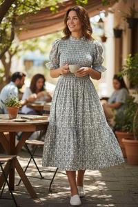 Robe midi vintage à imprimé floral, col montant, manches bouffantes, coupe trapèze, taille élastique, en coton bambou tissé respirant, robe d'été décontractée - Product Image 3