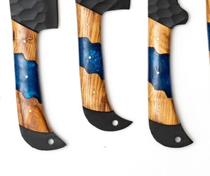 Custom Handmade 5-Piece Carbon Steel Chef <b>Knife</b> <b>Set</b> Hammered Black Blades Wood+Resin Handles Ambidextrous Design Leather Sheath - Product Image 4