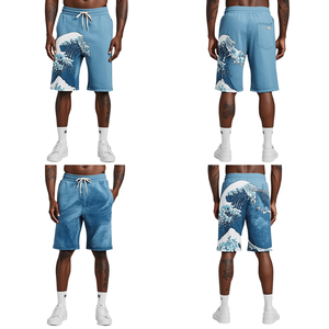 Shorts de bain pour homme Kain, imprimé vagues bleues, taille mi-haute, cordon de serrage, séchage rapide, style décontracté, tissu tissé, avec poches - Product Image 3