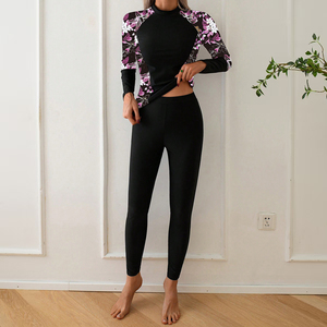 Women Floral Print High Neck Long Sleeve Swim Top With Black Leggings <b>Set</b> Stretch Knitted Athletic Wear Digital Print - Product Image 2