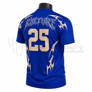 เสื้อฟุตบอลสีน้ำเงินแบบกำหนดเองสำหรับผู้ชาย แขนสั้น ผ้าตาข่าย ระบายอากาศได้ดี ทรงแอธเลติก พิมพ์ลายสีทอง คอกลม เสื้อกีฬา - Product Image 5