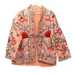 เสื้อบอมเบอร์คอวี ผ้าฝ้ายถักลายดอกไม้สไตล์วินเทจ สำหรับฤดูใบไม้ผลิและหลายฤดู  งานปักซูซานี  รักษ์โลก ระบายอากาศได้ดี แห้งเร็ว - Product Image 6