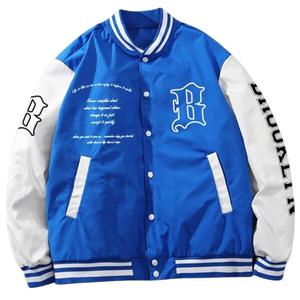 Chaqueta Universitaria de Béisbol Acolchada Unisex con Diseño en Contraste Azul y Blanco, Puños a Rayas, Ropa Deportiva, Venta al Por Mayor - Product Image 1