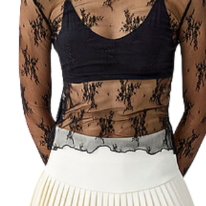 Blusa de malla floral transparente para mujer, manga larga, cuello alto, ajuste ceñido, camisa para usar en capas, dobladillo ondulado, elegante, top de moda transparente para la noche - Product Image 6
